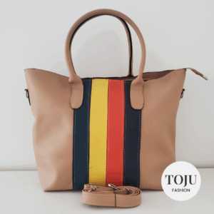 toju fashion multi colour stripe tote bag – beige handbag with yellow, red & navy stripes – everyday shoulder or crossbody bag