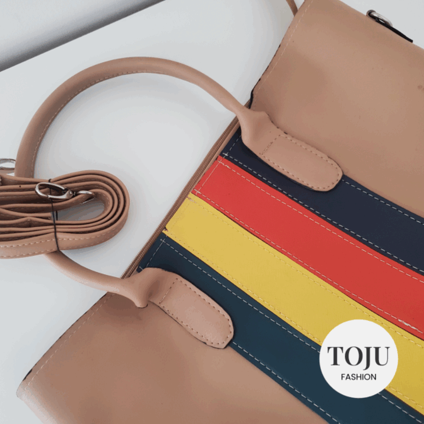 toju fashion multi colour stripe tote bag – beige handbag with yellow, red & navy stripes – everyday shoulder or crossbody bag